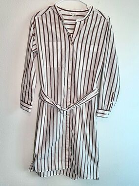 PLST Shirt Dress Sz S/M* White Brown Striped Button Front Long Sleeve Coastal